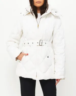 Burberry White Belted Puffer Jacket W/ Plaid Interior - L