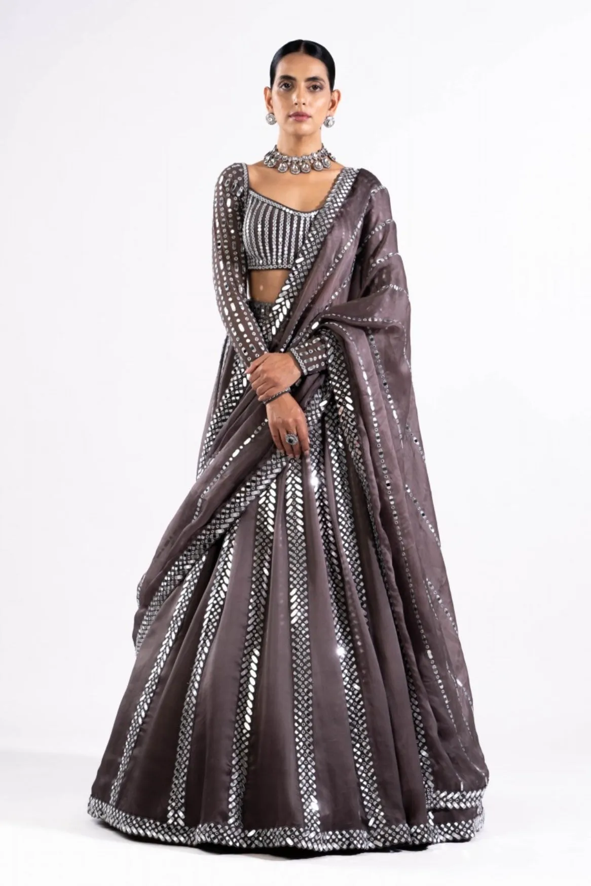 Charcoal Grey Mirror Seam Lehenga Set