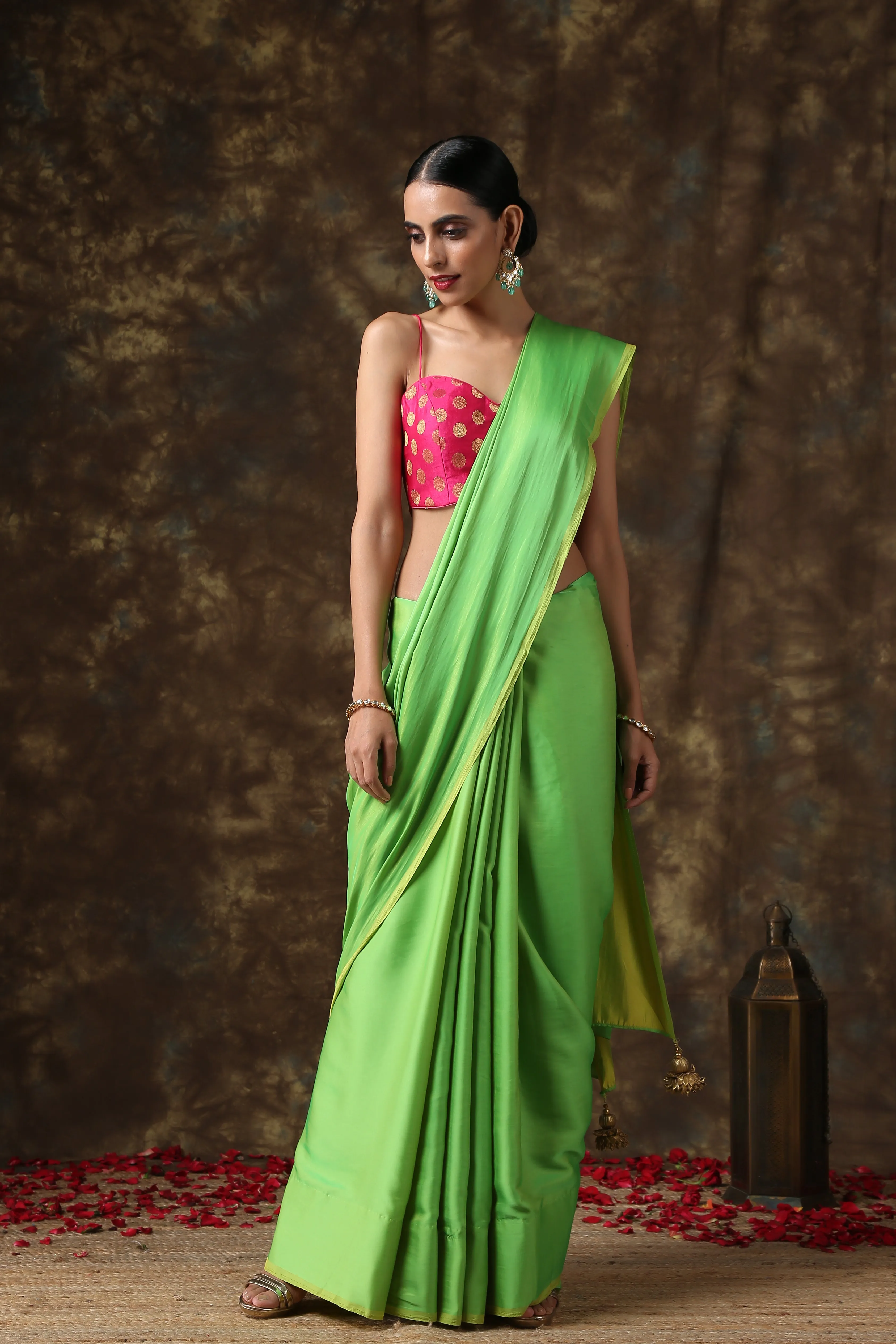 Chartreuse Green Paradise Satin Saree