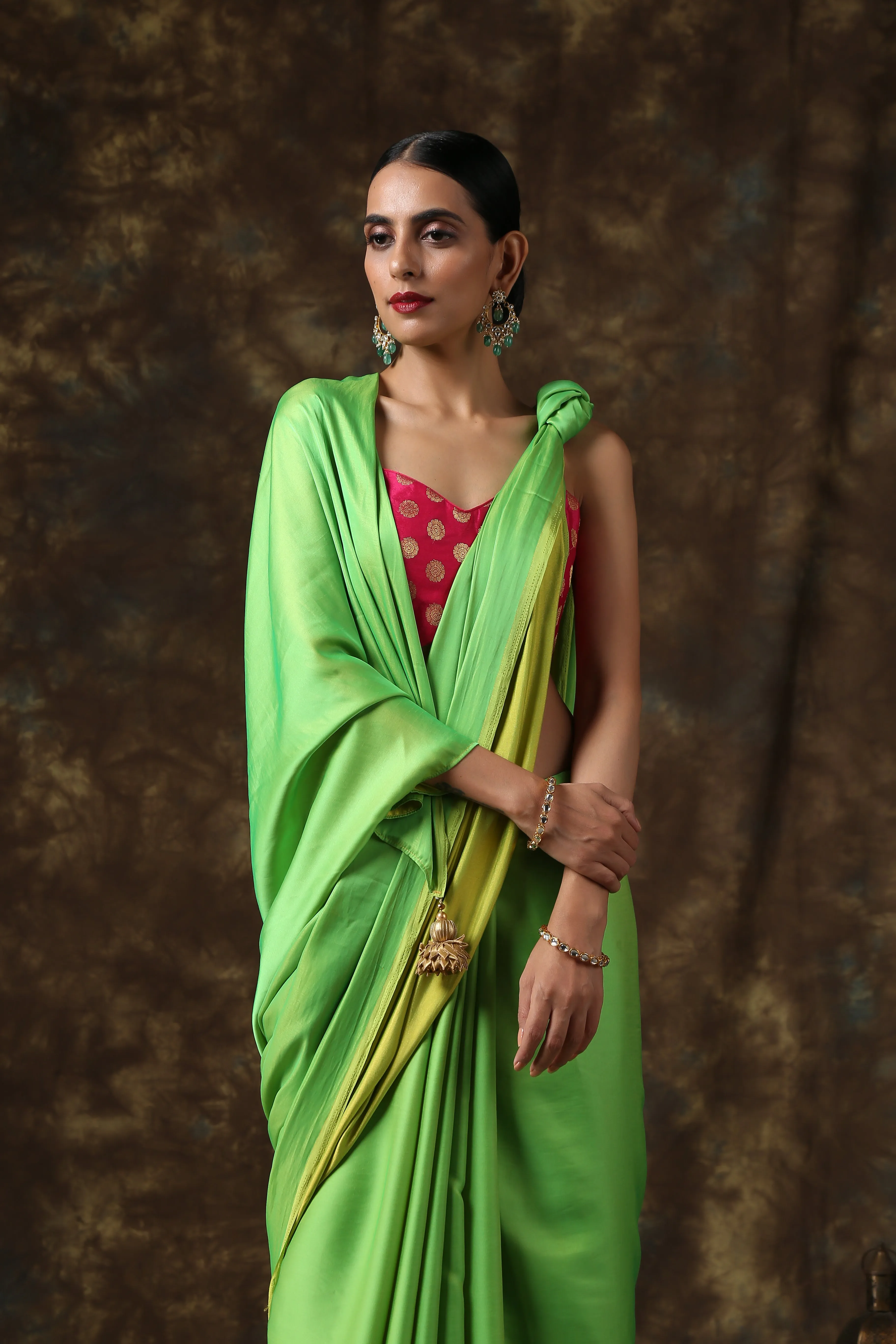 Chartreuse Green Paradise Satin Saree