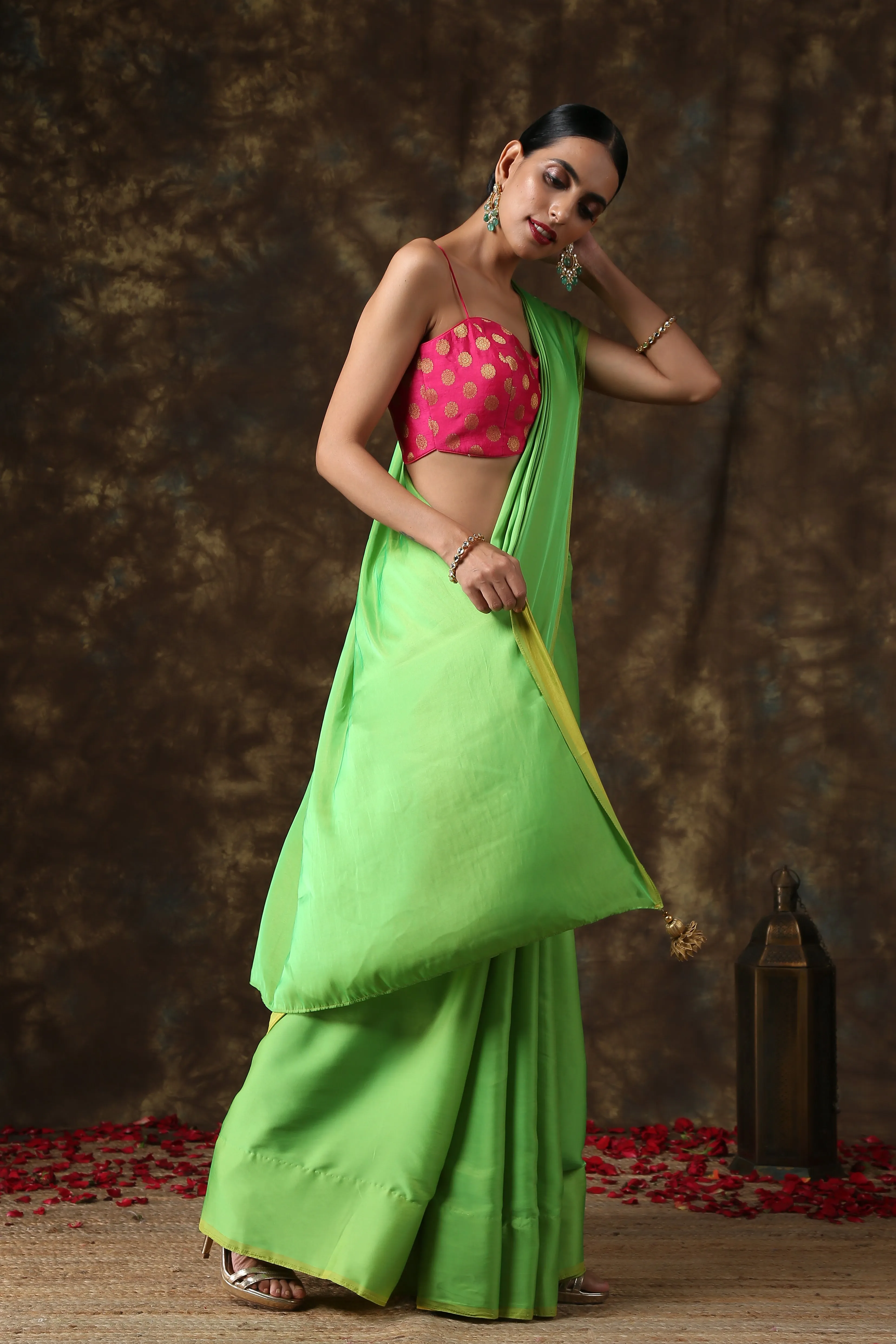 Chartreuse Green Paradise Satin Saree