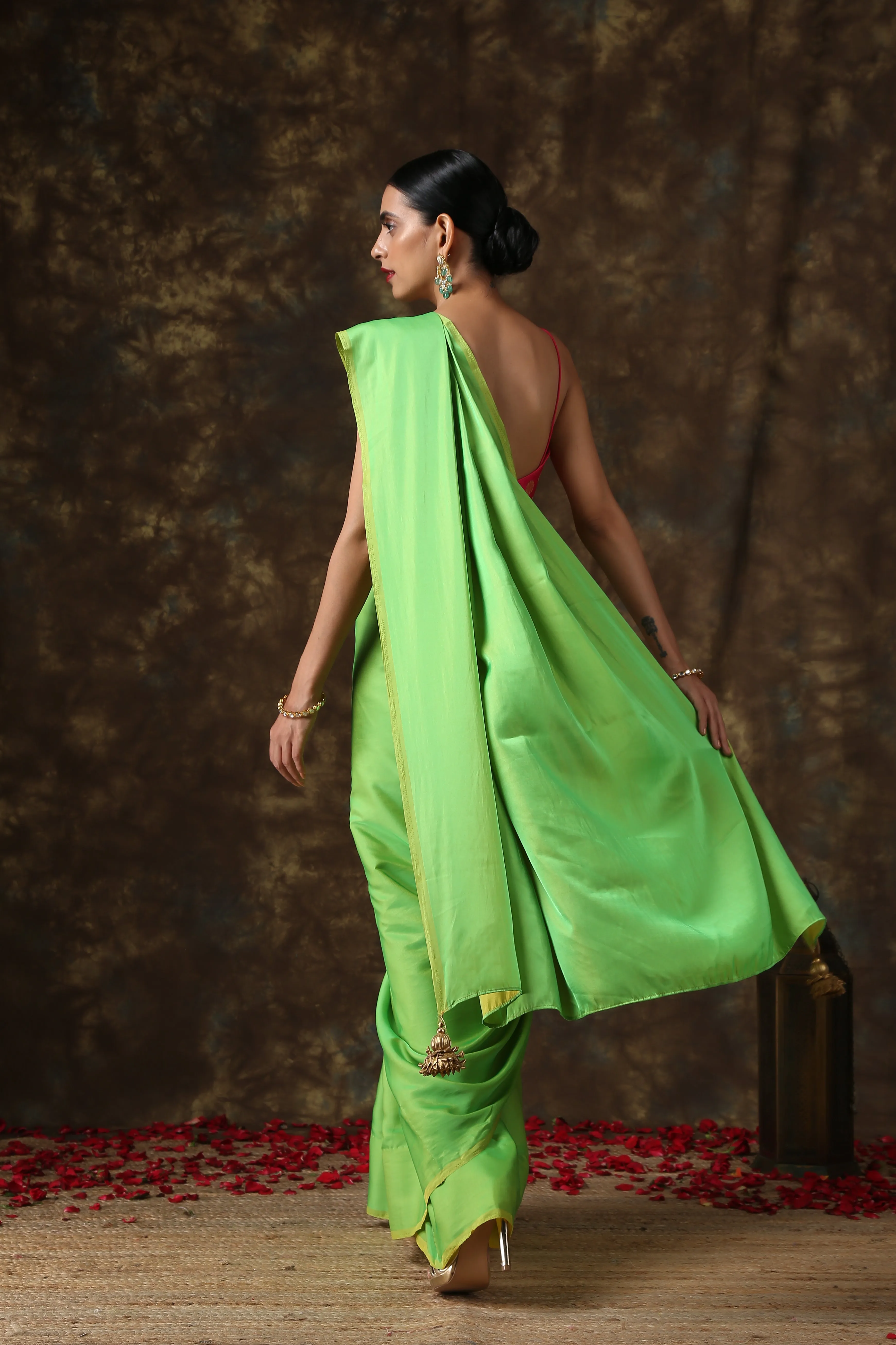 Chartreuse Green Paradise Satin Saree