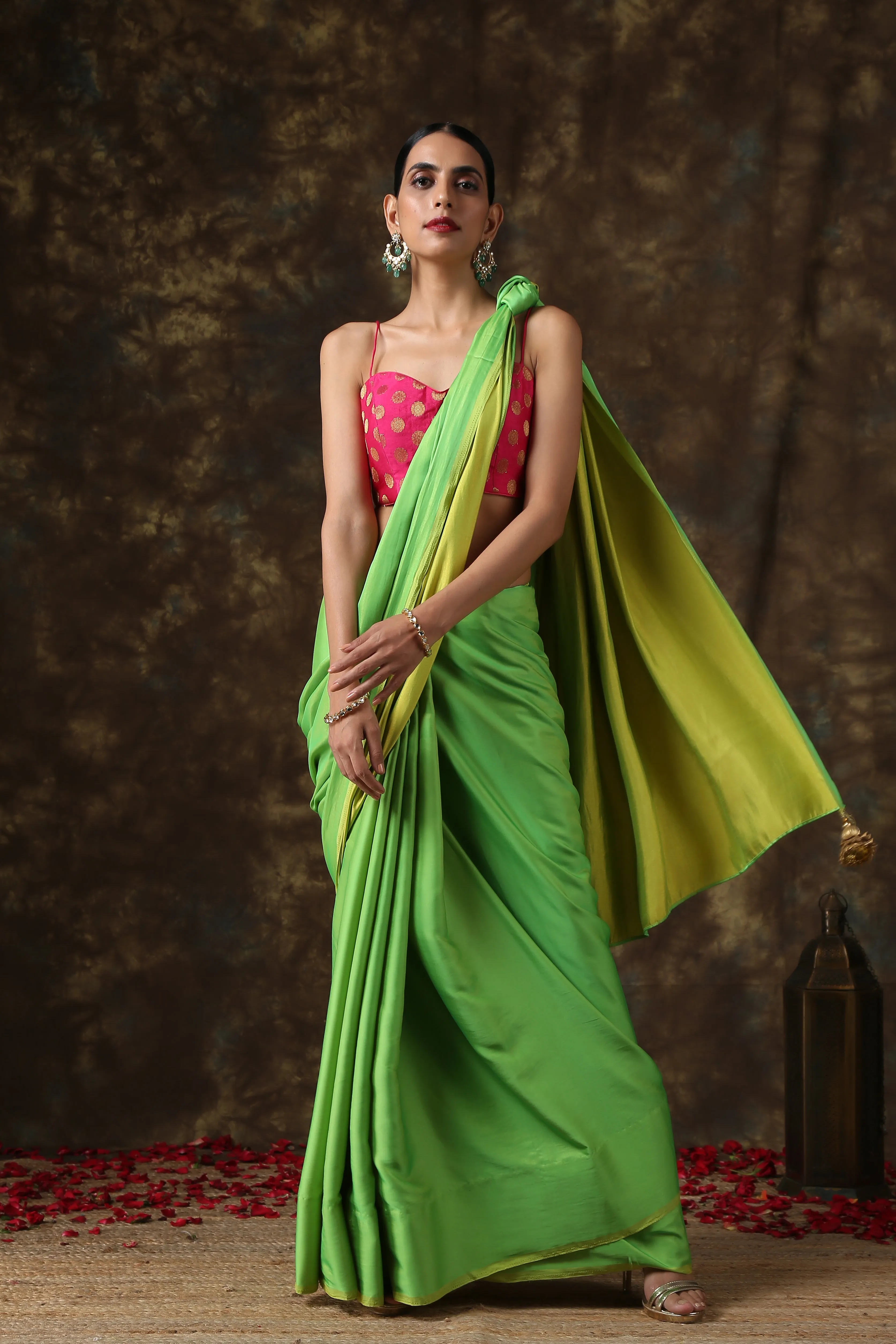 Chartreuse Green Paradise Satin Saree