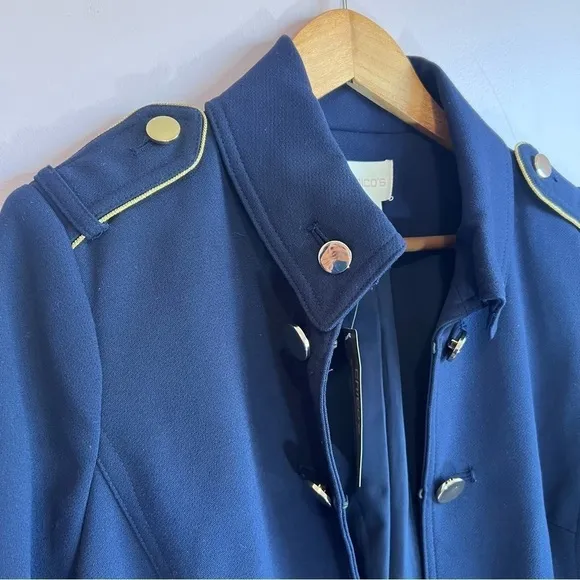 CHICOS NWT Long Sleeve Navy and Gold Military Structured Jacket Size 1 Medium