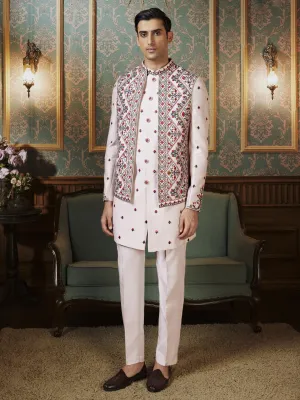 Classy Embroidered Kurta and Jacket Set in Peach