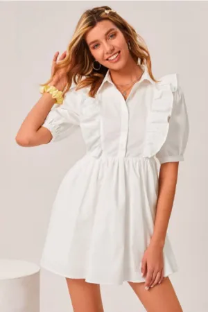 Collared Ruffle Trim Dress White