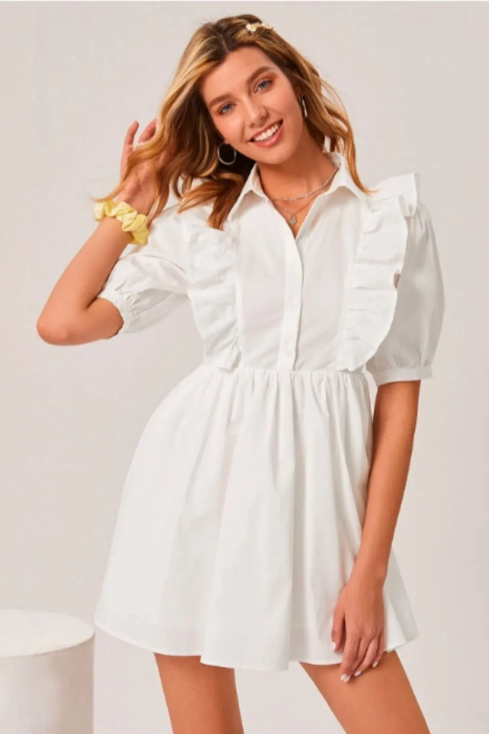 Collared Ruffle Trim Dress White