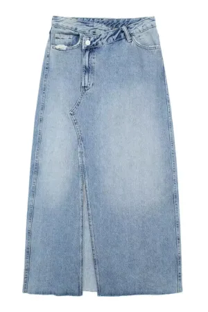 CORA Asymmetrical High Waisted Front Slit Denim Midi Skirt