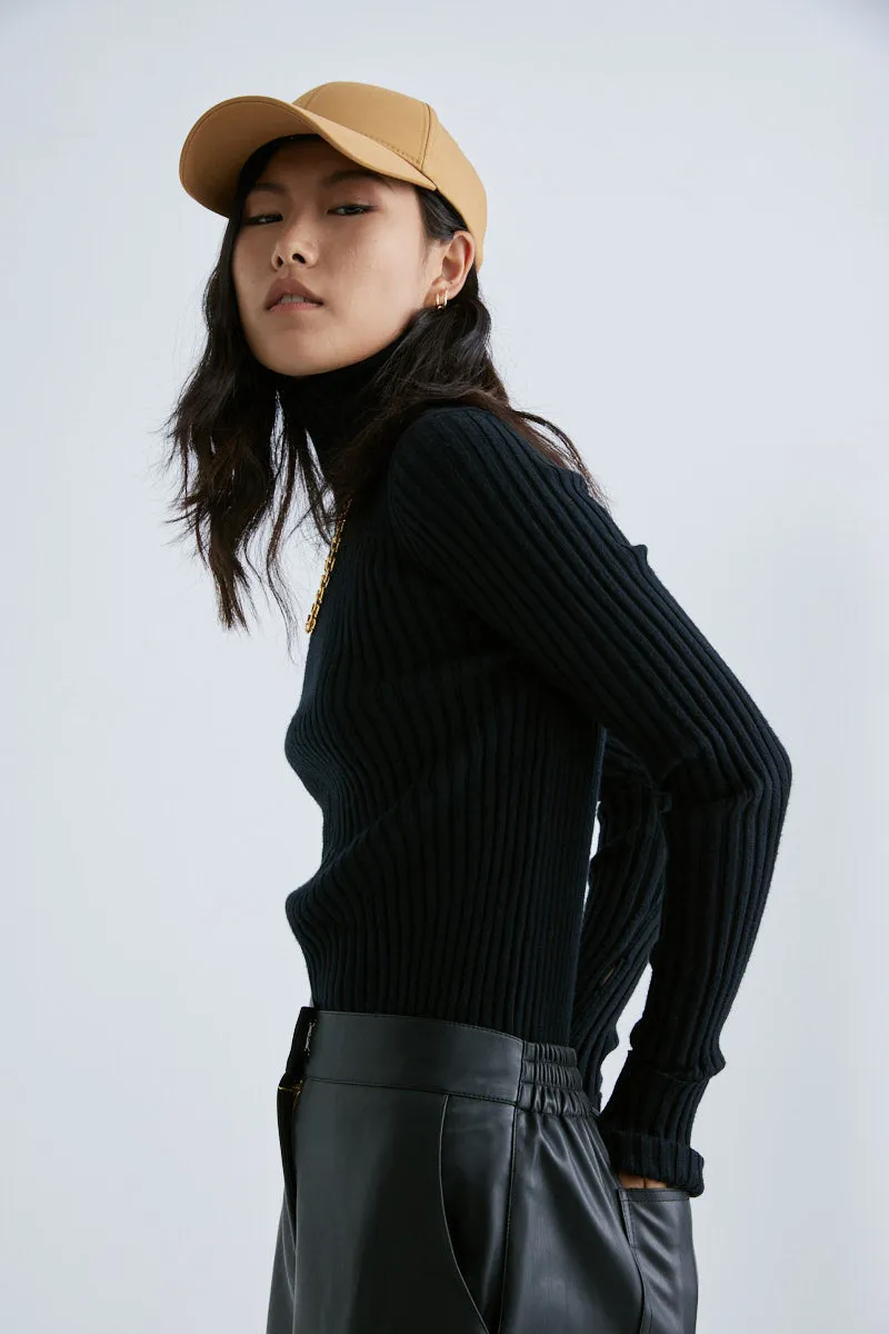 CS5010A Striped ribbed turtleneck slim sweater Black