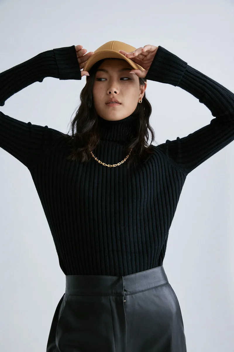 CS5010A Striped ribbed turtleneck slim sweater Black