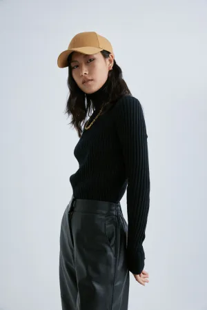 CS5010A Striped ribbed turtleneck slim sweater Black