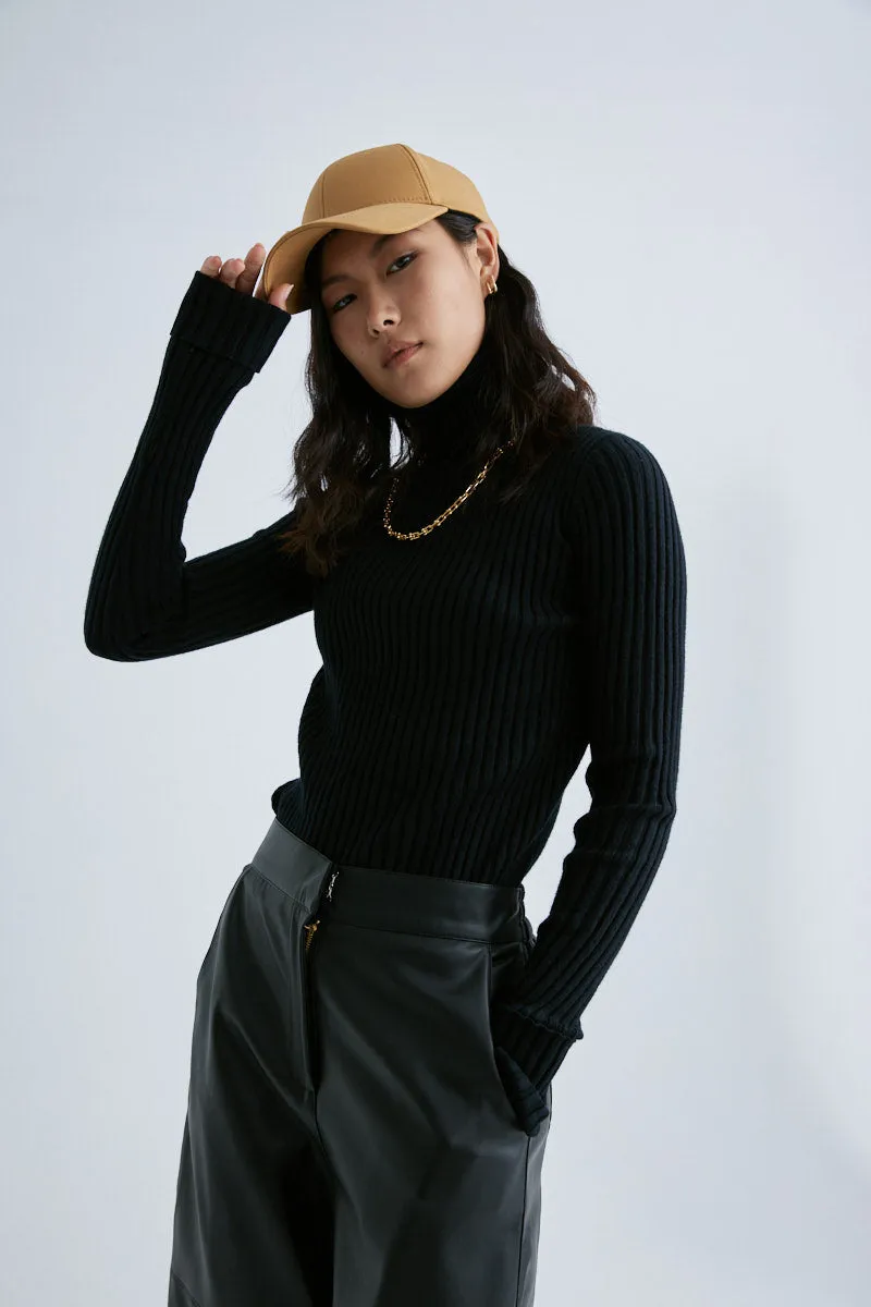 CS5010A Striped ribbed turtleneck slim sweater Black
