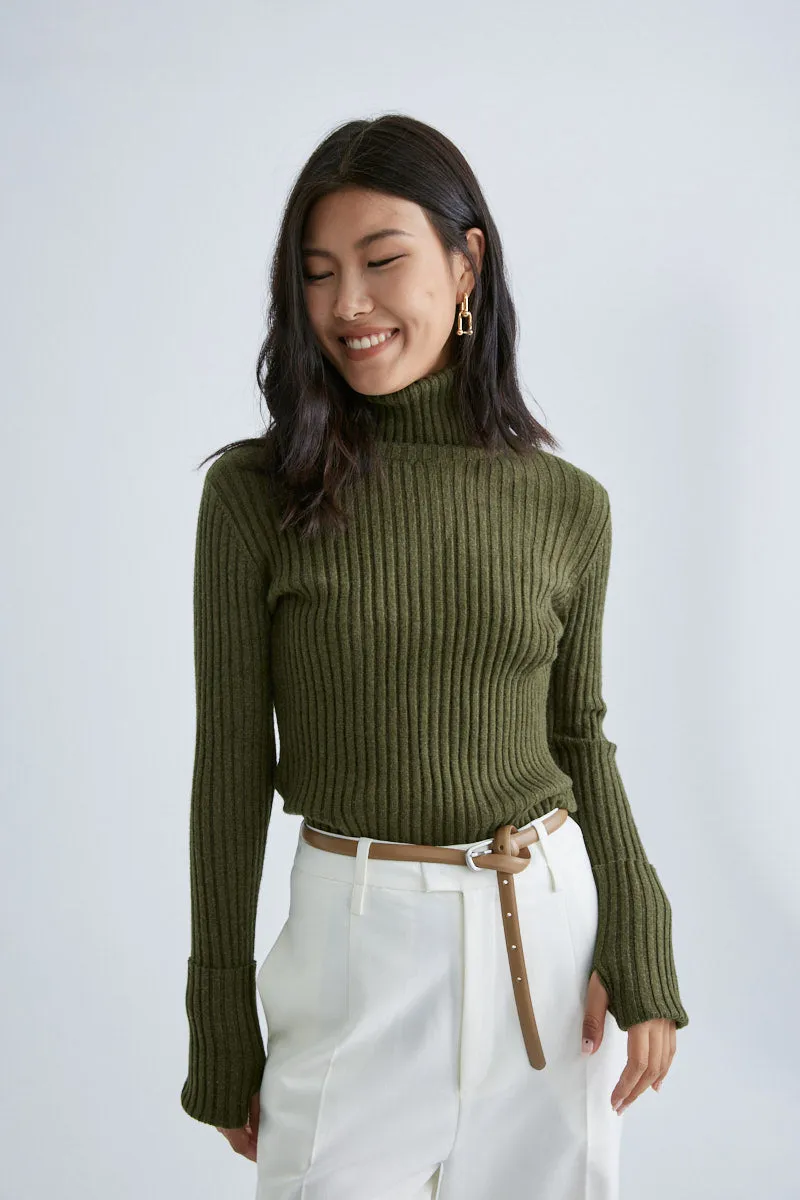CS5010B Striped ribbed turtleneck slim sweater Olive