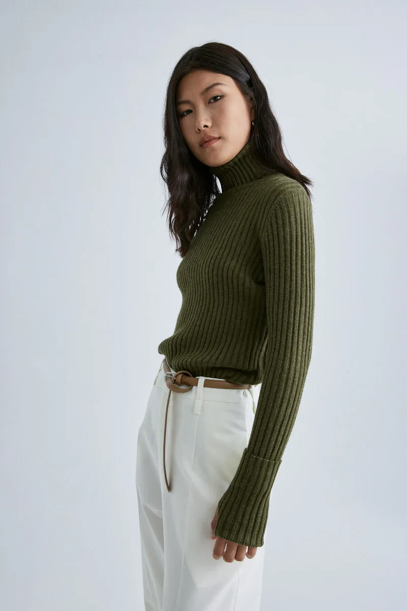 CS5010B Striped ribbed turtleneck slim sweater Olive