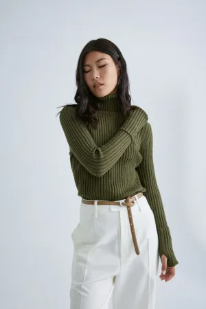 CS5010B Striped ribbed turtleneck slim sweater Olive