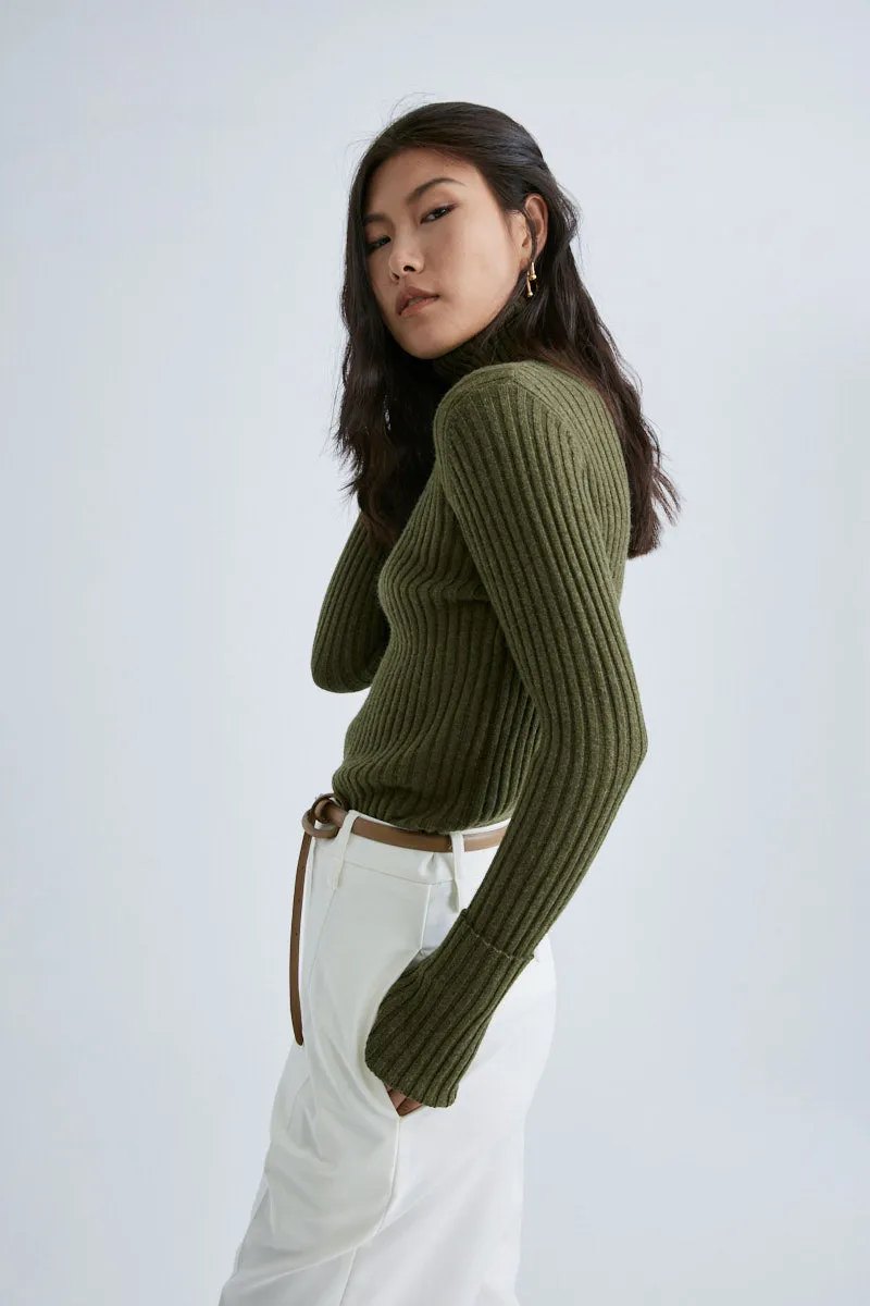 CS5010B Striped ribbed turtleneck slim sweater Olive