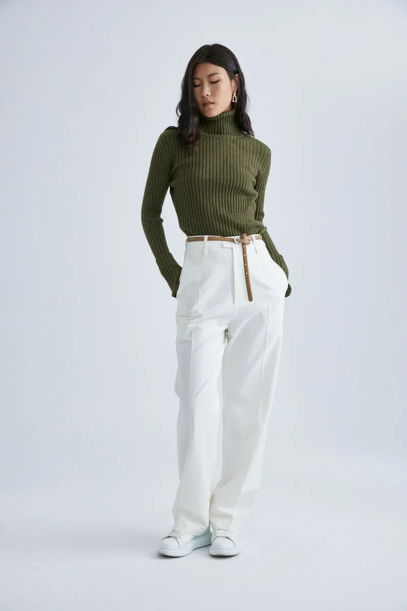 CS5010B Striped ribbed turtleneck slim sweater Olive