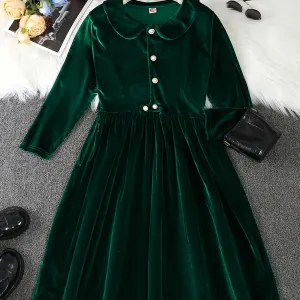 Dark Green Elegant Pleated Long-Sleeved Velvet Princess Dress