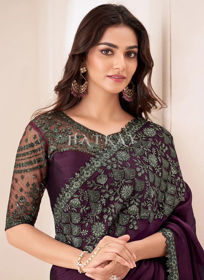 Deep Wine Embroidery Silk Saree