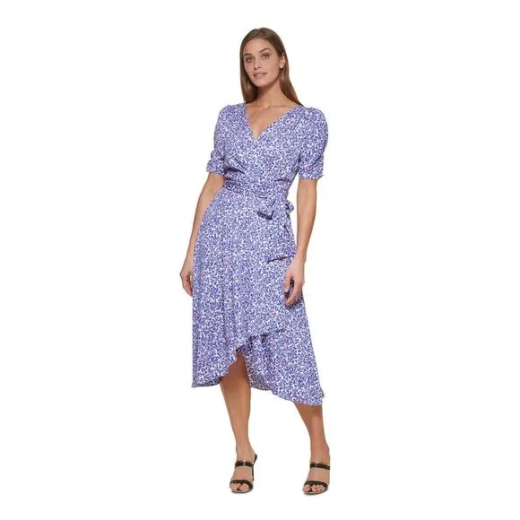 DKNY Womens White Tie Belt Lined Asymmetrical Pouf Sleeve Midi Dress Petites 2P