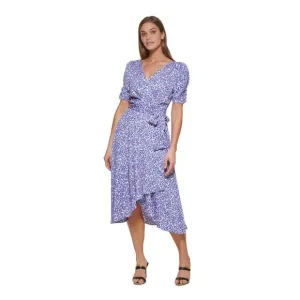 DKNY Womens White Tie Belt Lined Asymmetrical Pouf Sleeve Midi Dress Petites 2P