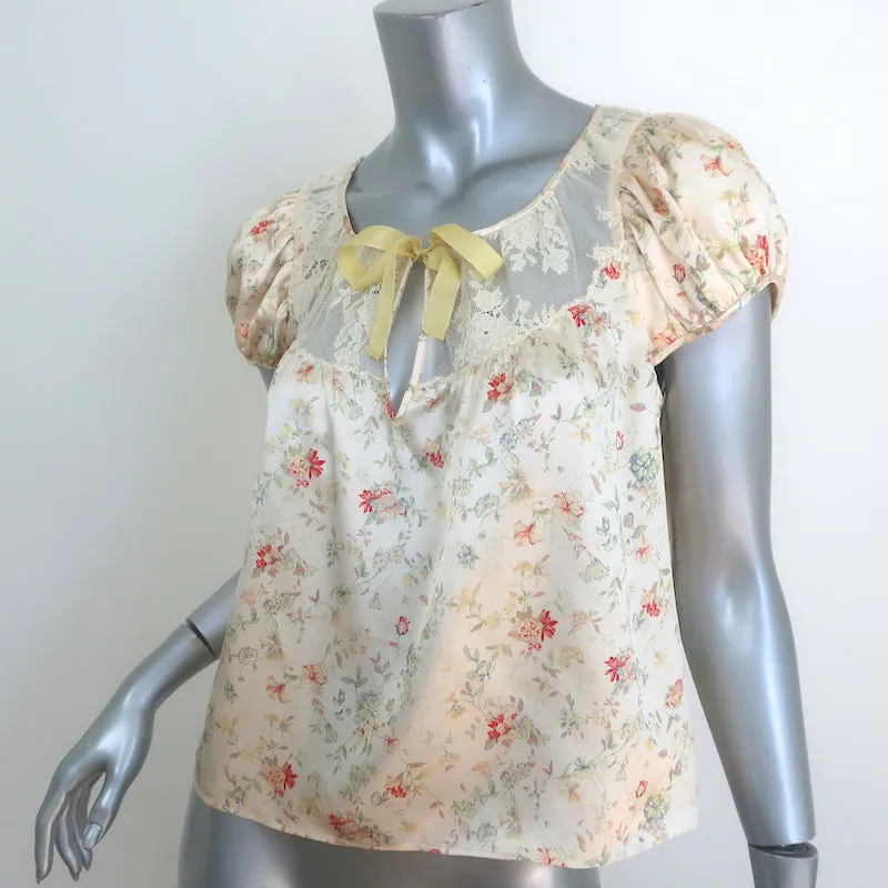 Doen Camri Tie-Neck Top Ivory Floral Print Satin Size Small Cap Sleeve Blouse