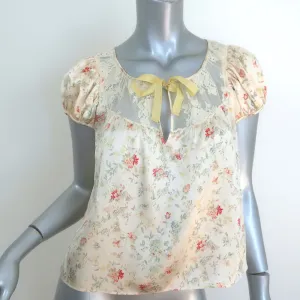 Doen Camri Tie-Neck Top Ivory Floral Print Satin Size Small Cap Sleeve Blouse