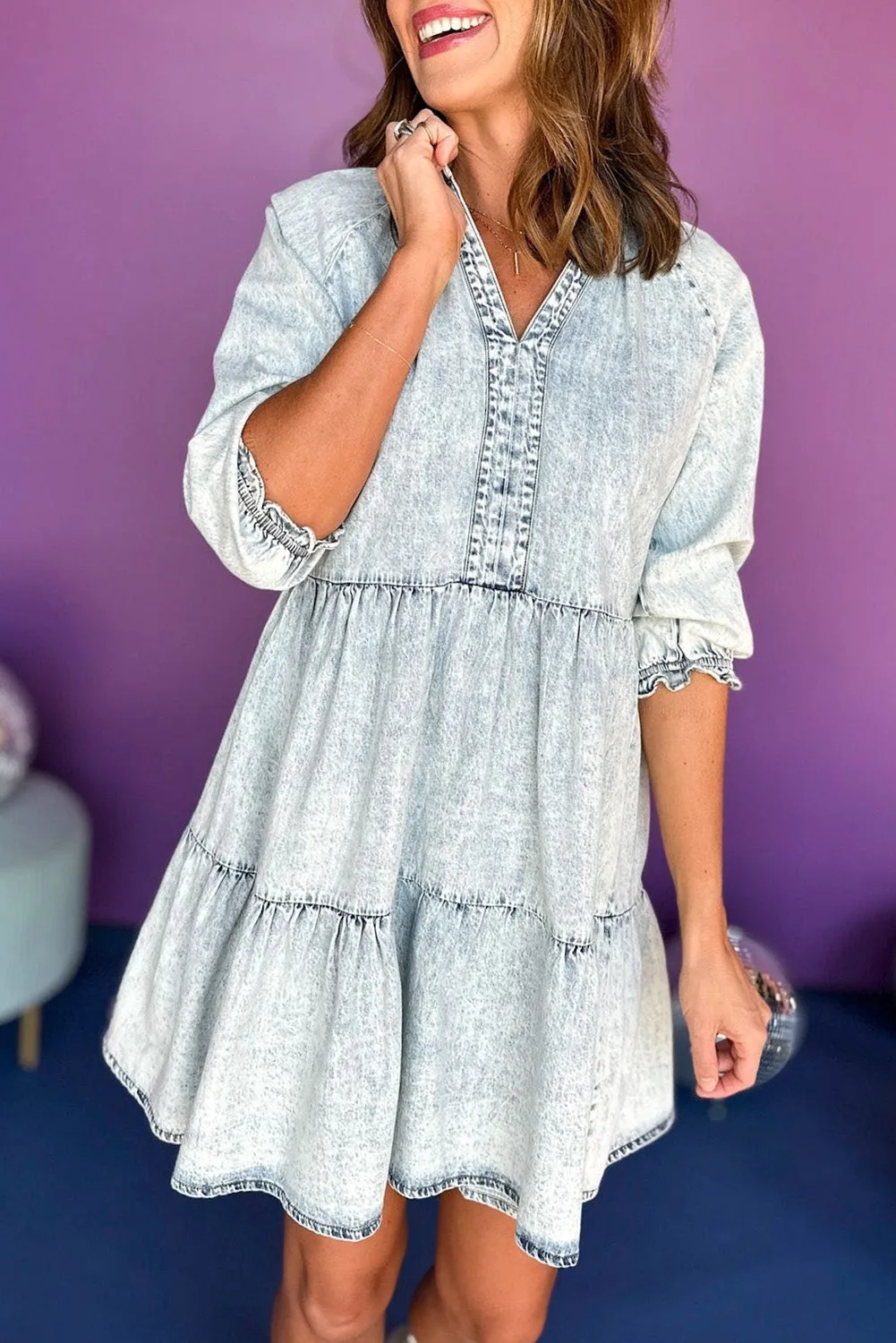 Dusk Blue Split Neck Ruffle Flared Mid-sleeve Denim Dress