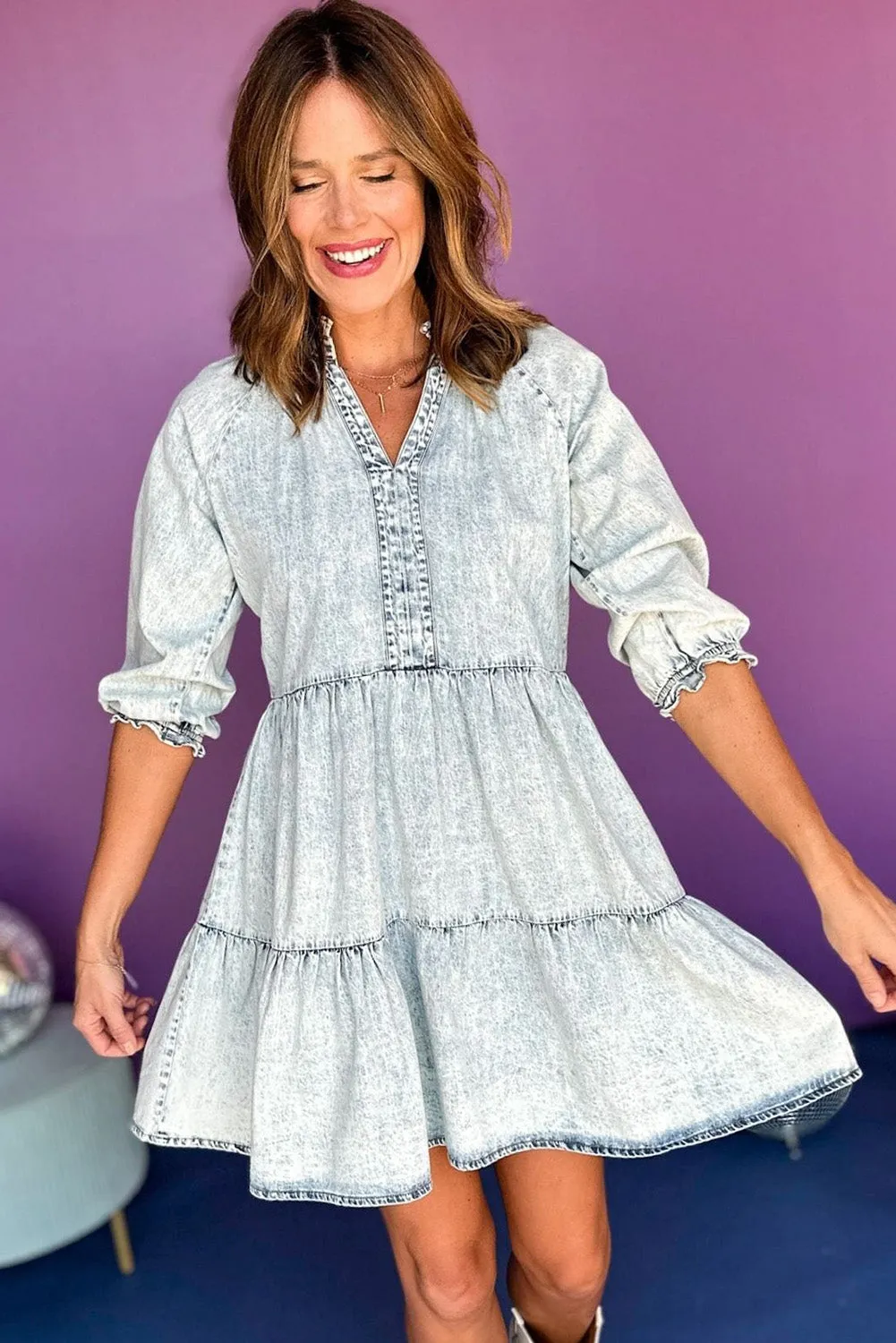 Dusk Blue Split Neck Ruffle Flared Mid-sleeve Denim Dress
