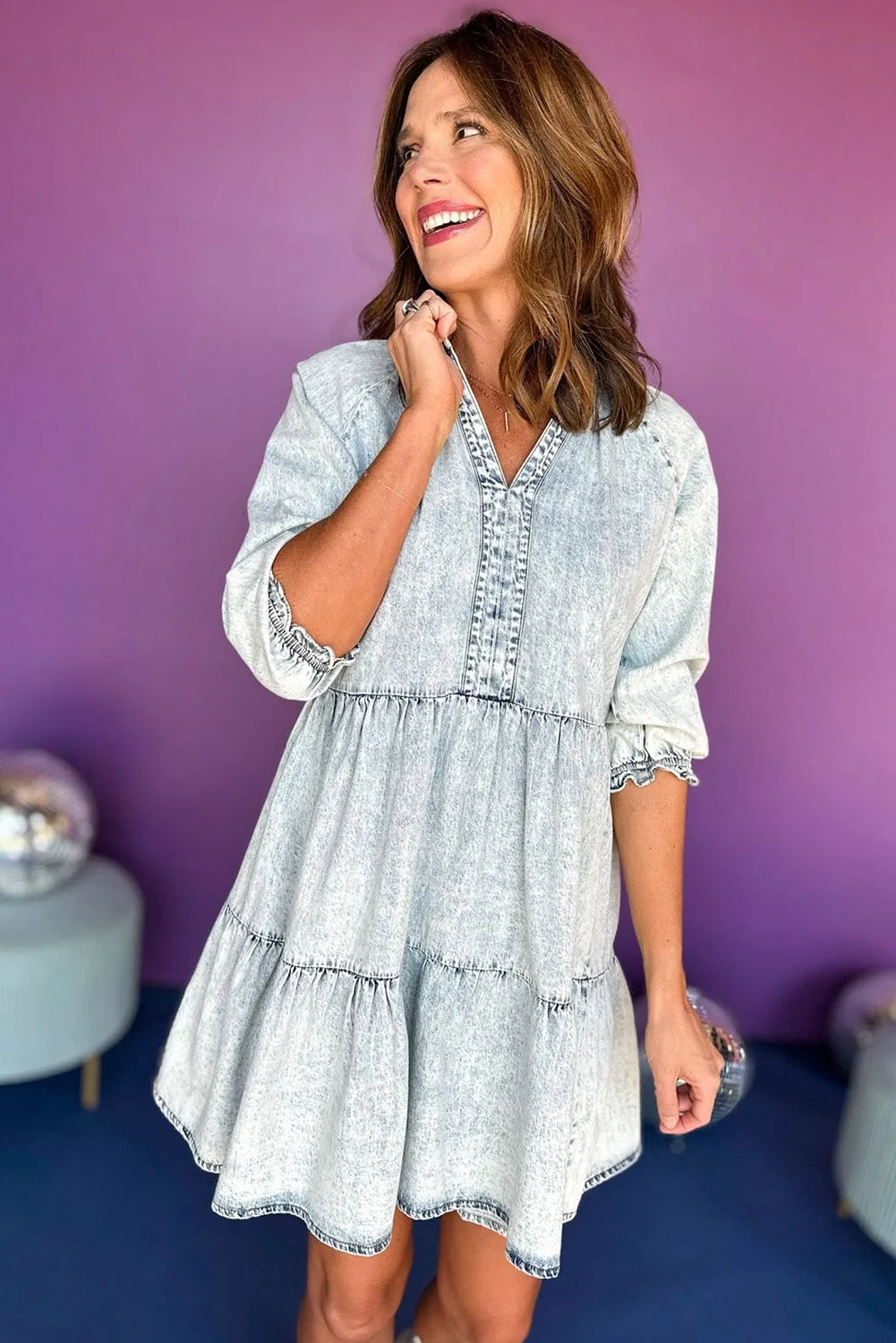 Dusk Blue Split Neck Ruffle Flared Mid-sleeve Denim Dress