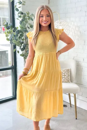 Dusty Yellow Smocked Tiered Midi Dress