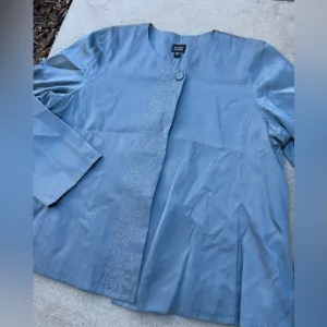 Eileen Fisher Slate Blue Embroidered 100% Silk Button Jacket Women’s Size Large