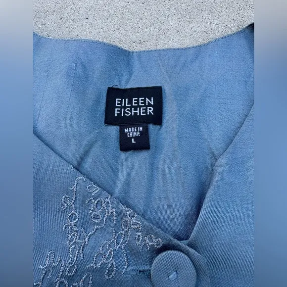 Eileen Fisher Slate Blue Embroidered 100% Silk Button Jacket Women’s Size Large