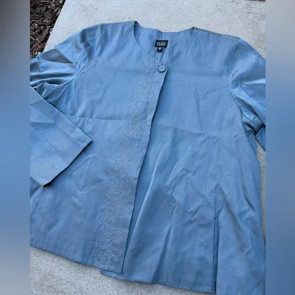 Eileen Fisher Slate Blue Embroidered 100% Silk Button Jacket Women’s Size Large