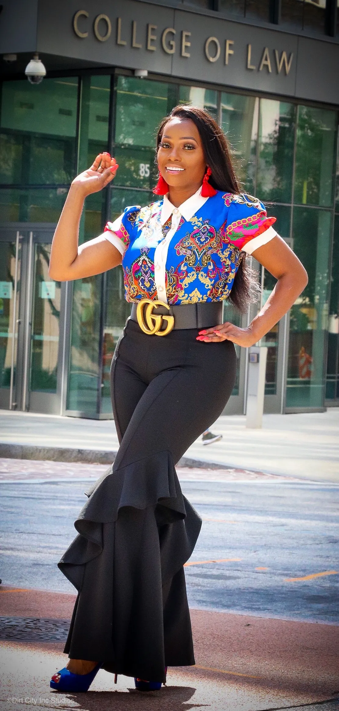 Electra Royal Blue Multi Color Floral Print Satin Blouse