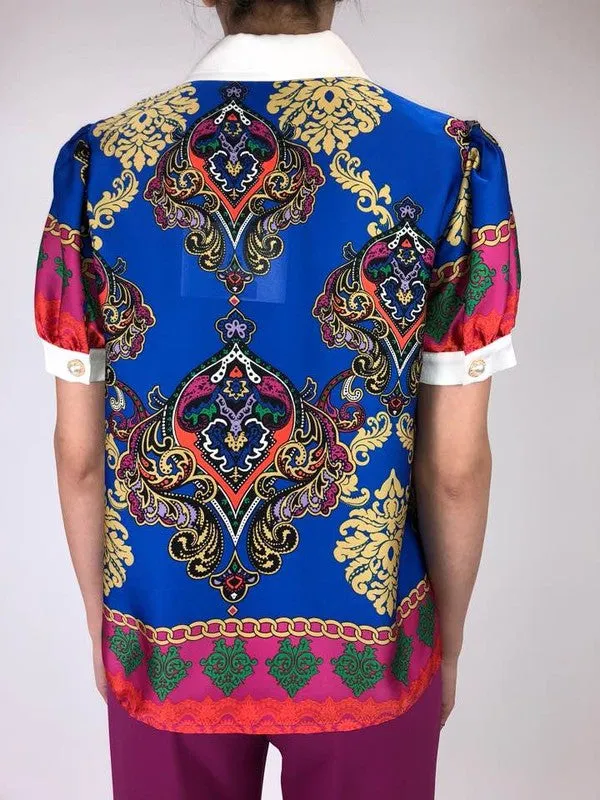 Electra Royal Blue Multi Color Floral Print Satin Blouse