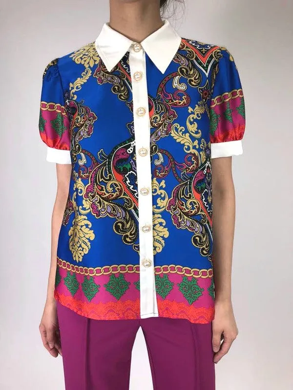 Electra Royal Blue Multi Color Floral Print Satin Blouse