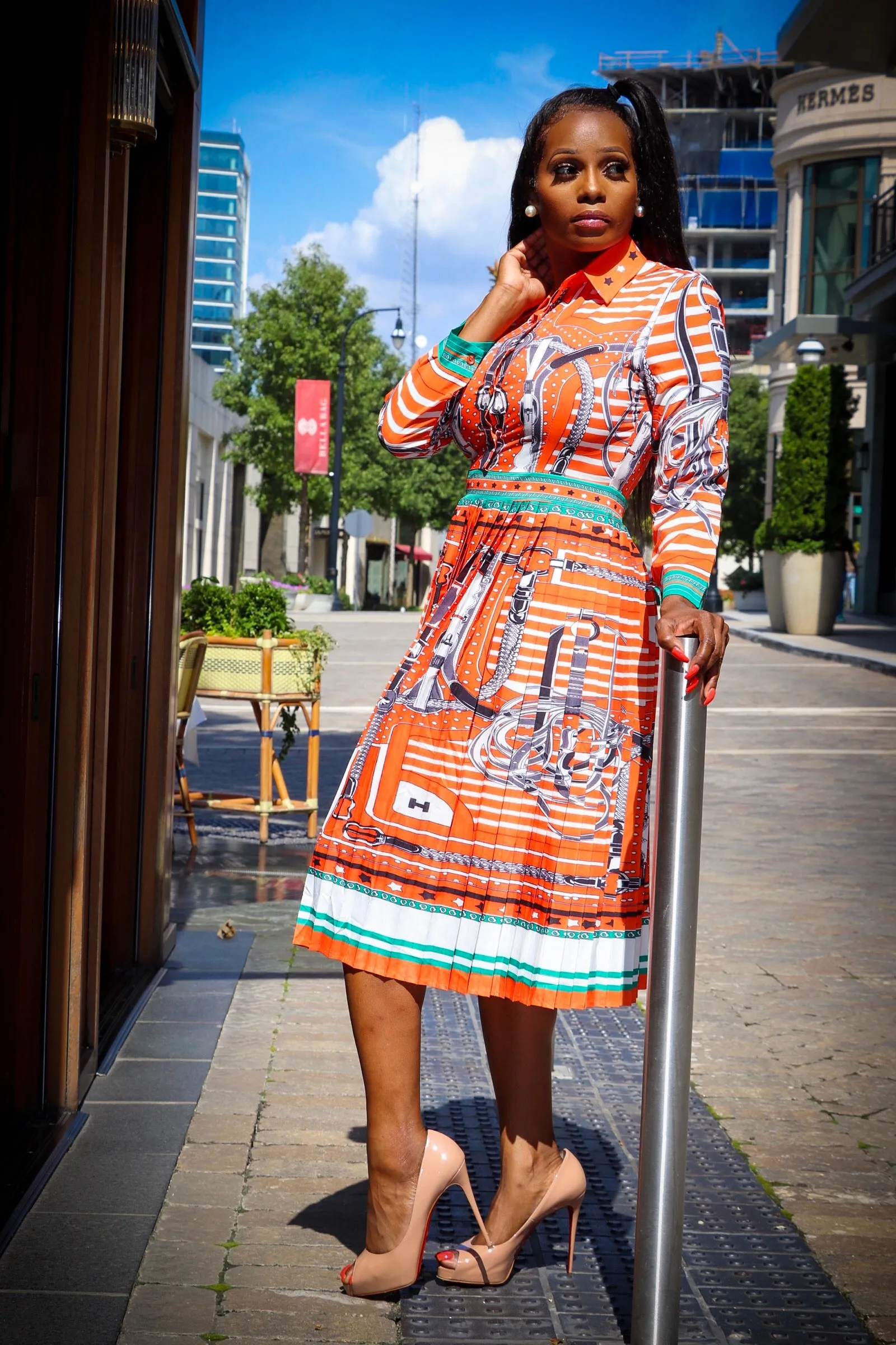 Ellianna Tangerine White Multi Color Print Long Sleeve Pleated Dress