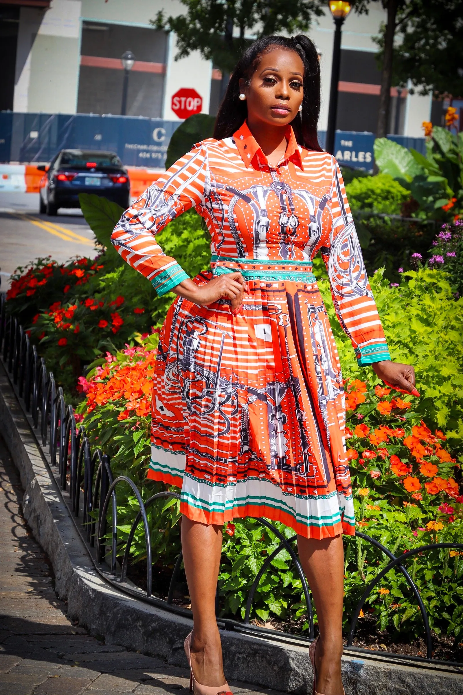 Ellianna Tangerine White Multi Color Print Long Sleeve Pleated Dress