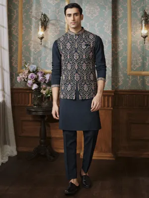 Embroidered Nehru Jacket with Green Kurta Bandi  Set