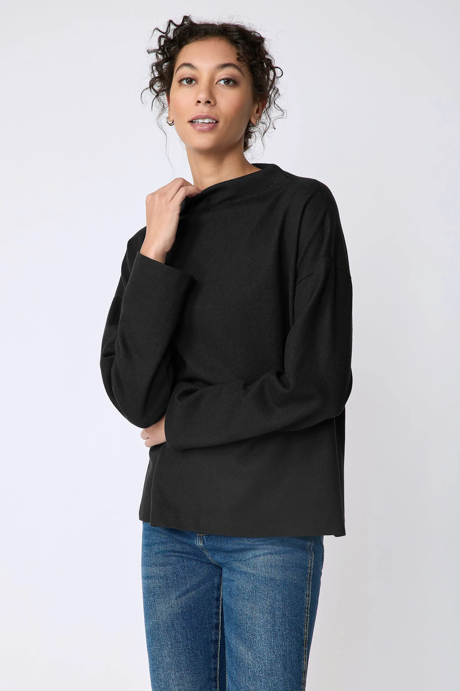 Ethel Mock Funnelneck Top - Black Felted Jersey