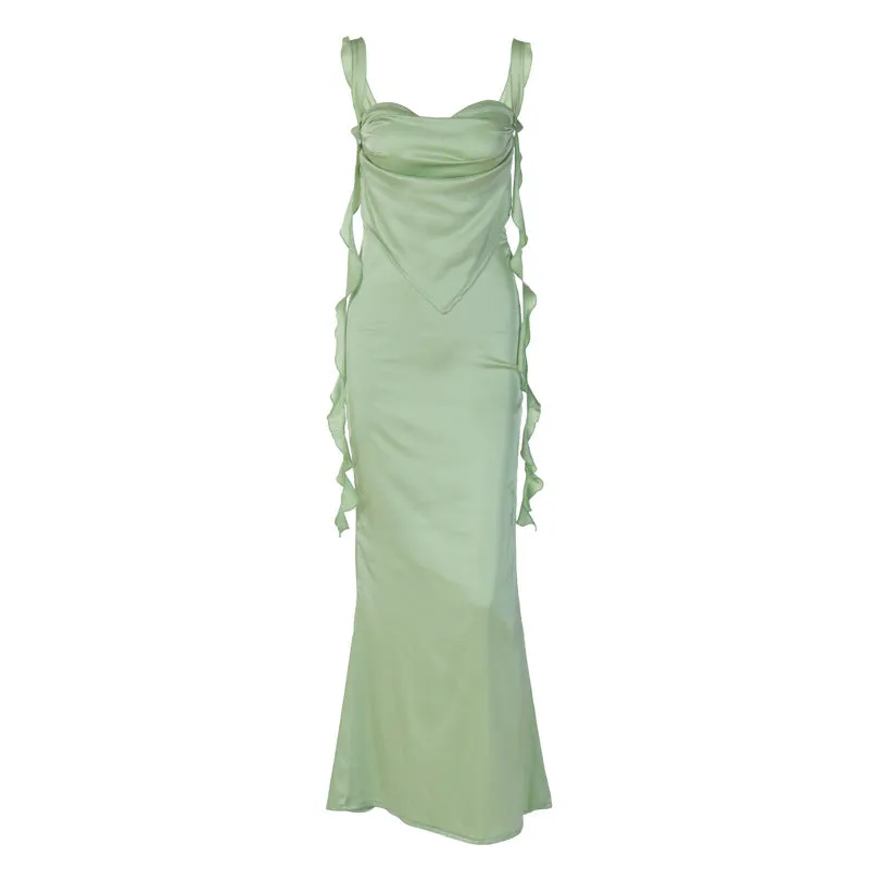 European And American-Style2023Summer New Internet Celebrity Same Style Lace Sling Backless Dress Fashion Ruffles Ribbon Dress
