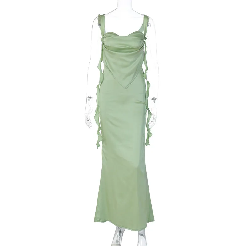 European And American-Style2023Summer New Internet Celebrity Same Style Lace Sling Backless Dress Fashion Ruffles Ribbon Dress