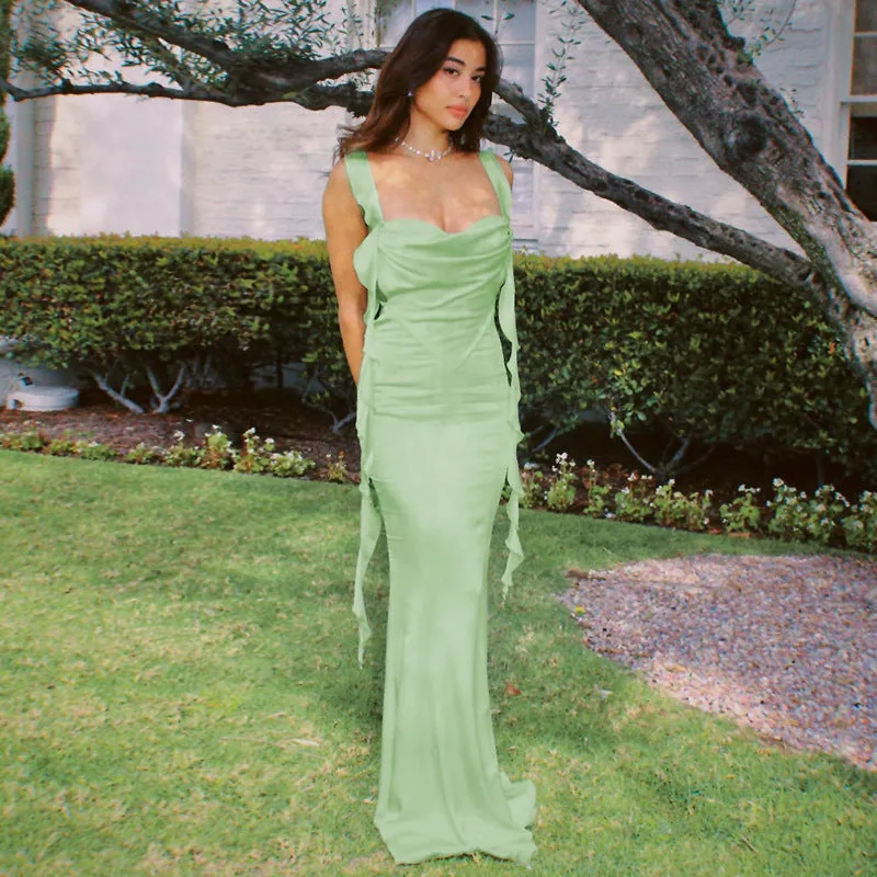 European And American-Style2023Summer New Internet Celebrity Same Style Lace Sling Backless Dress Fashion Ruffles Ribbon Dress