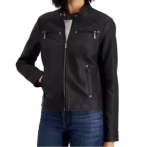 Faux-Leather Black Moto Jacket Size Large