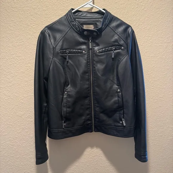 Faux-Leather Black Moto Jacket Size Large