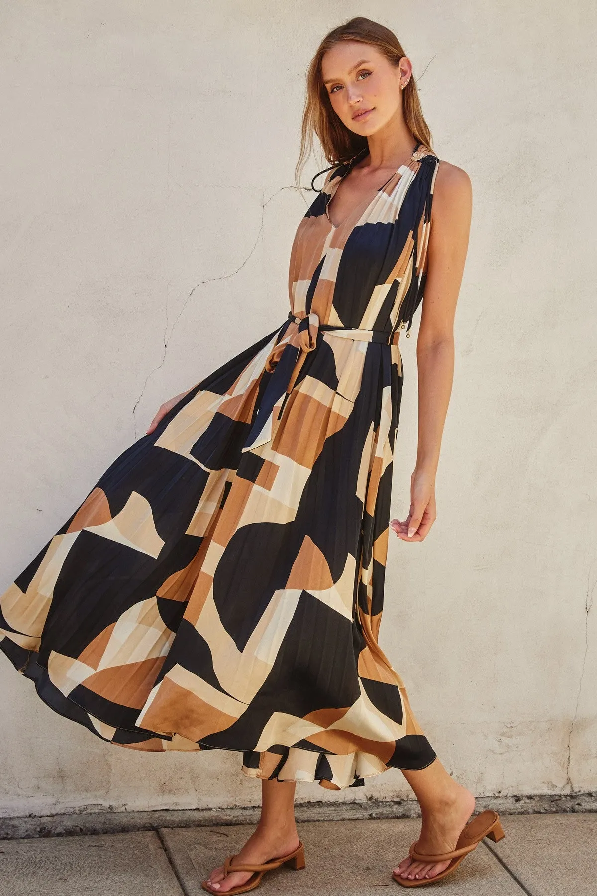 First Class Plunging Satin Pleated Maxi Dress