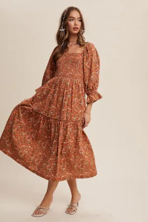 Floral Print sqaure neck smocked midi dress