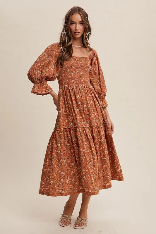 Floral Print sqaure neck smocked midi dress