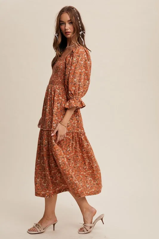 Floral Print sqaure neck smocked midi dress